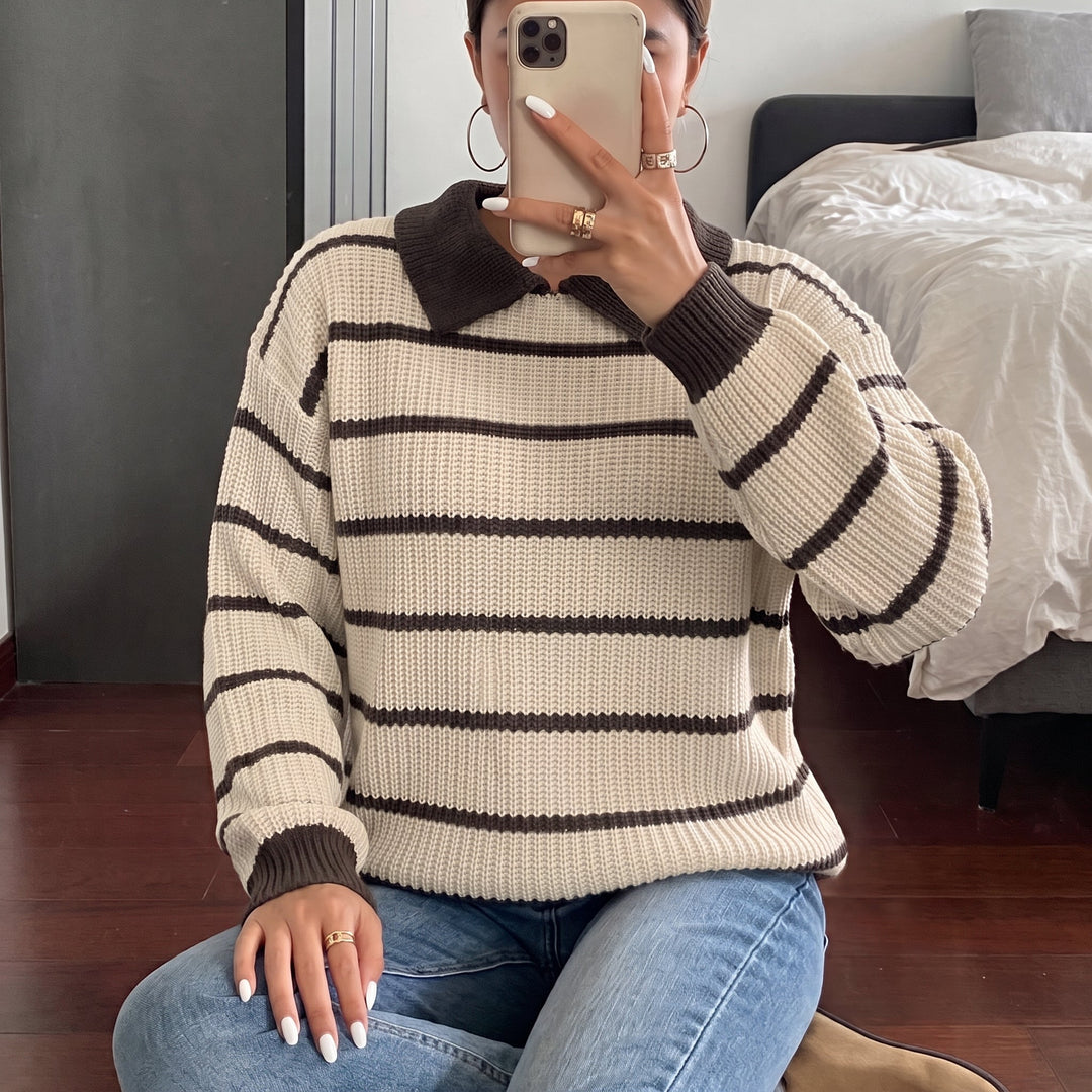 Women's Long Sleeve Knitted Rugby Shirt, Collared Brown