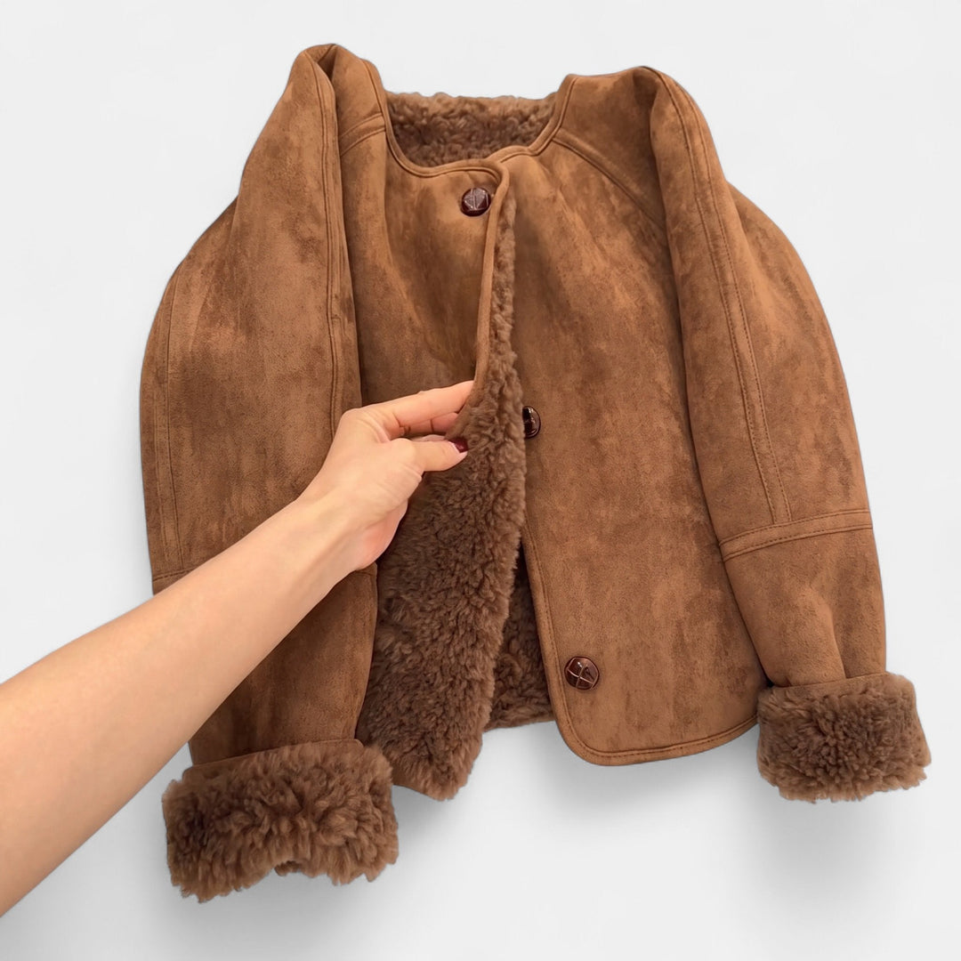 Women's Cropped Suede Jacket, Collarless Shearling Long Sleeve
