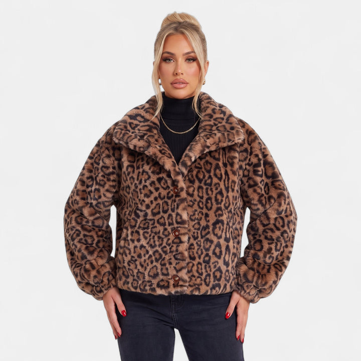 Women's Leopard Print Faux Fur Coat, Short Oversized Button Front