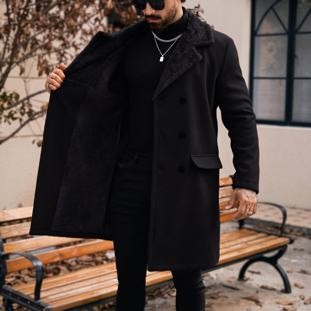 Men's Long Winter Peacoat, Double Breasted Faux Fur Fuzzy Fleece