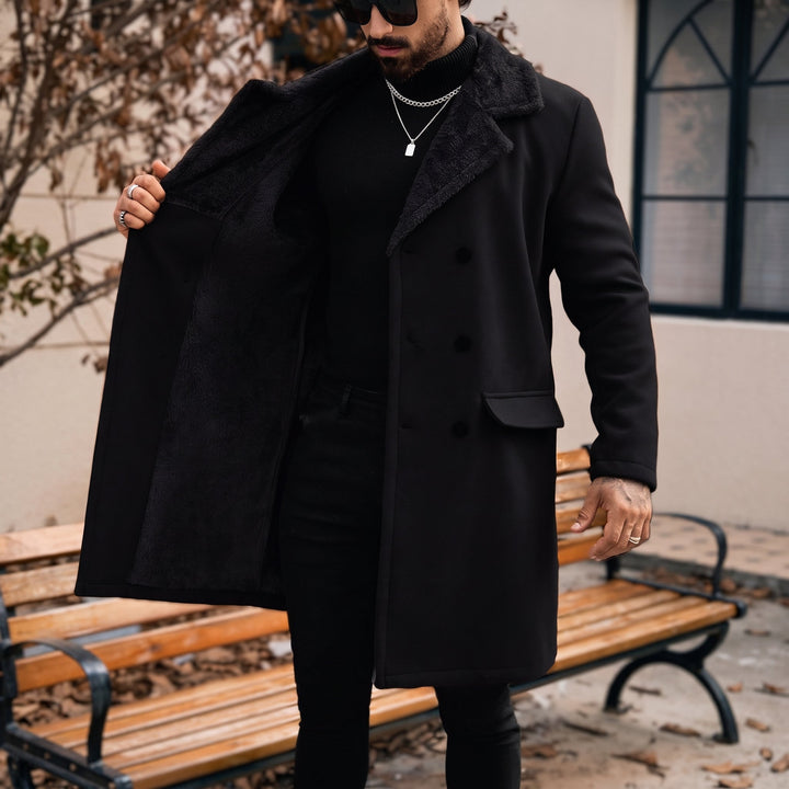 Men's Long Winter Peacoat, Double Breasted Faux Fur Fuzzy Fleece