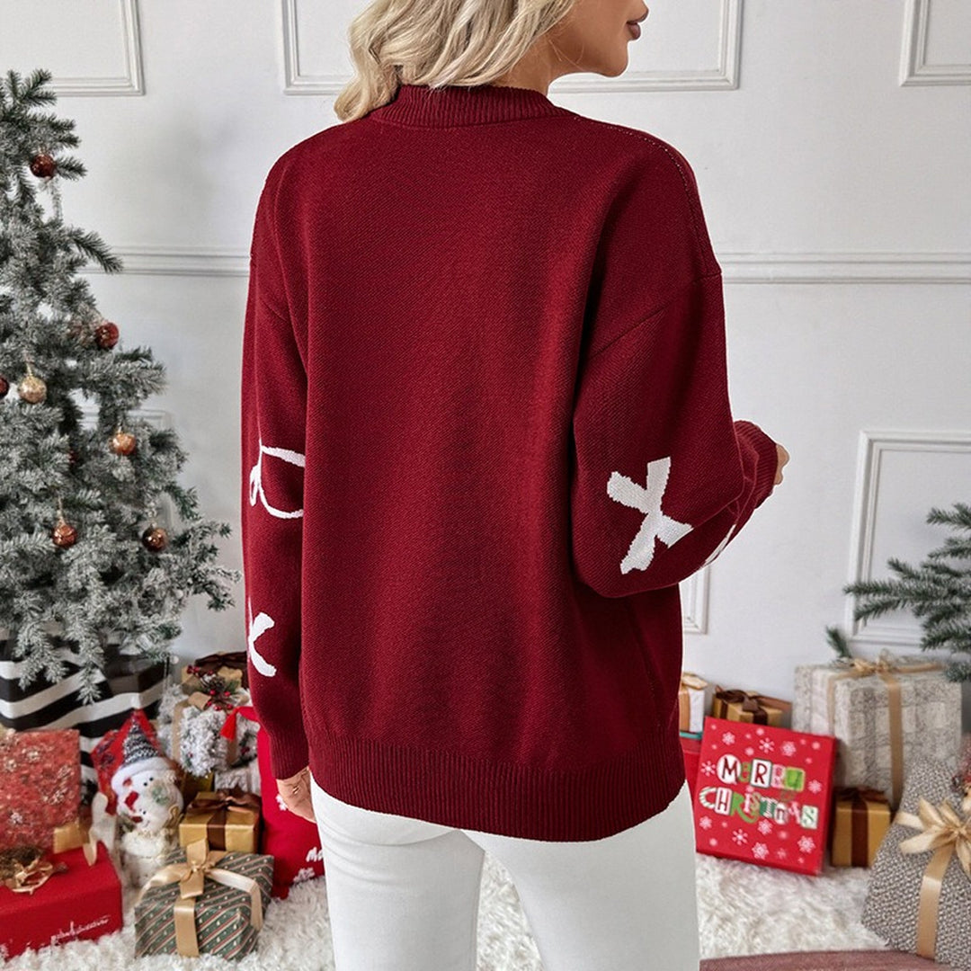 Women's Christmas Sweater, Knit Bow Jacquard Relaxed Fit Pullover