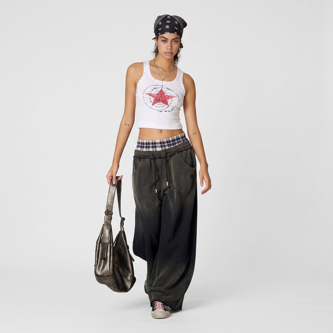 Women's Baggy Low Rise Sweatpants, Plaid Boxer Waistband Raw Hem
