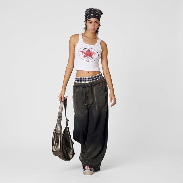 Women's Baggy Low Rise Sweatpants, Plaid Boxer Waistband Raw Hem