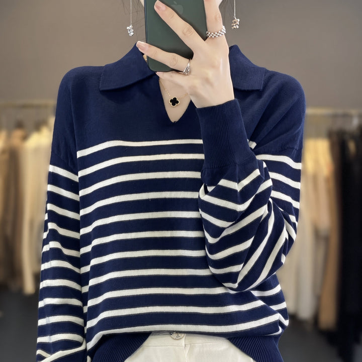 Women's Long Sleeve Polo Rugby Shirt, Knitted Collared V-neck