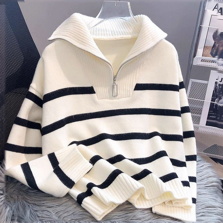 Women's Quarter Zip Sweater, Cropped Striped Knit Pullover