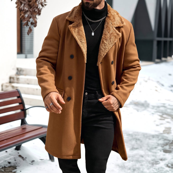 Men's Long Winter Peacoat, Double Breasted Faux Fur Fuzzy Fleece