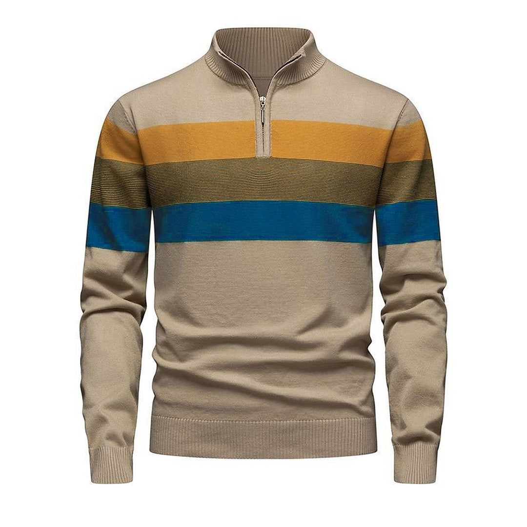 Men's Quarter Zip Sweater, Striped Ribbed Knit Pullover