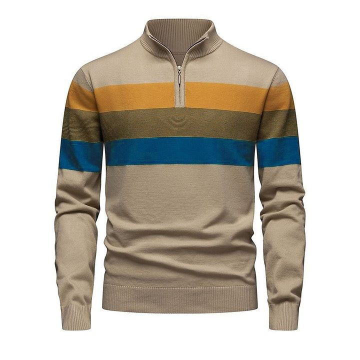 Men's Quarter Zip Sweater, Striped Ribbed Knit Pullover