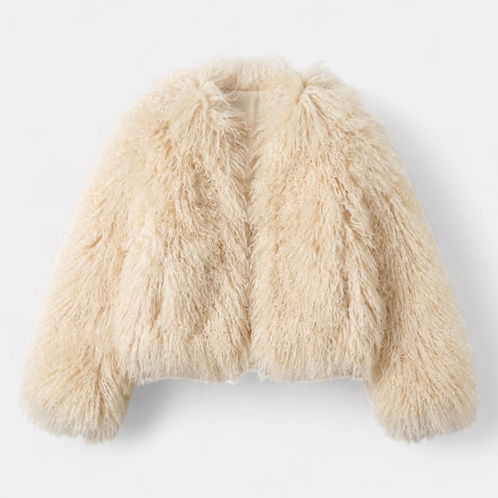 Women's Cropped Shaggy Faux Fur Coat, Collarless Open Front