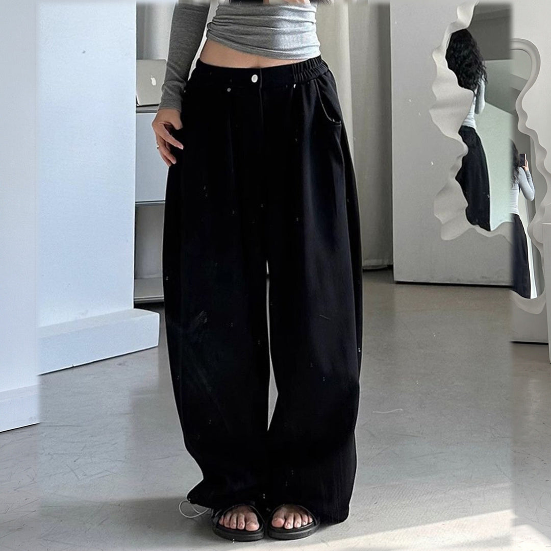 Women's Baggy Low Rise Wide Leg Sweatpants, Pleated Button Front