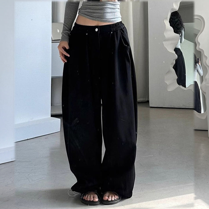 Women's Baggy Low Rise Wide Leg Sweatpants, Pleated Button Front
