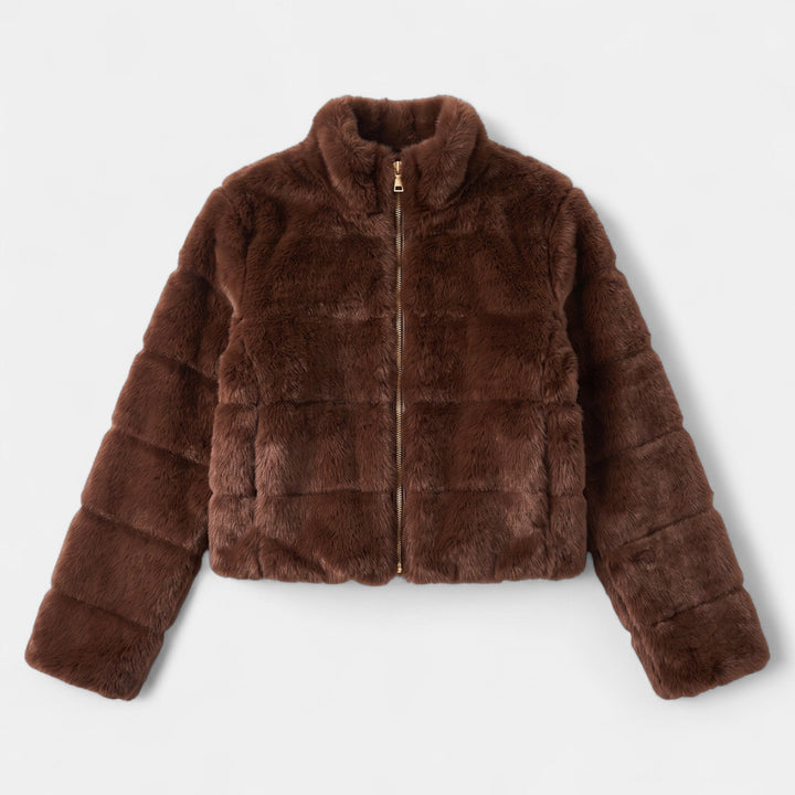 Women's Cropped Faux Fur Coat, Stand Collar Front Zip Quilted