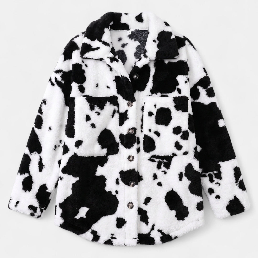 Women's Cow Print Sherpa Jacket, Oversized Button Front Flap Pockets