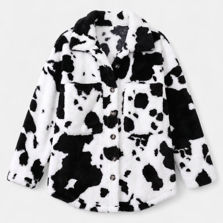 Women's Cow Print Sherpa Jacket, Oversized Button Front Flap Pockets