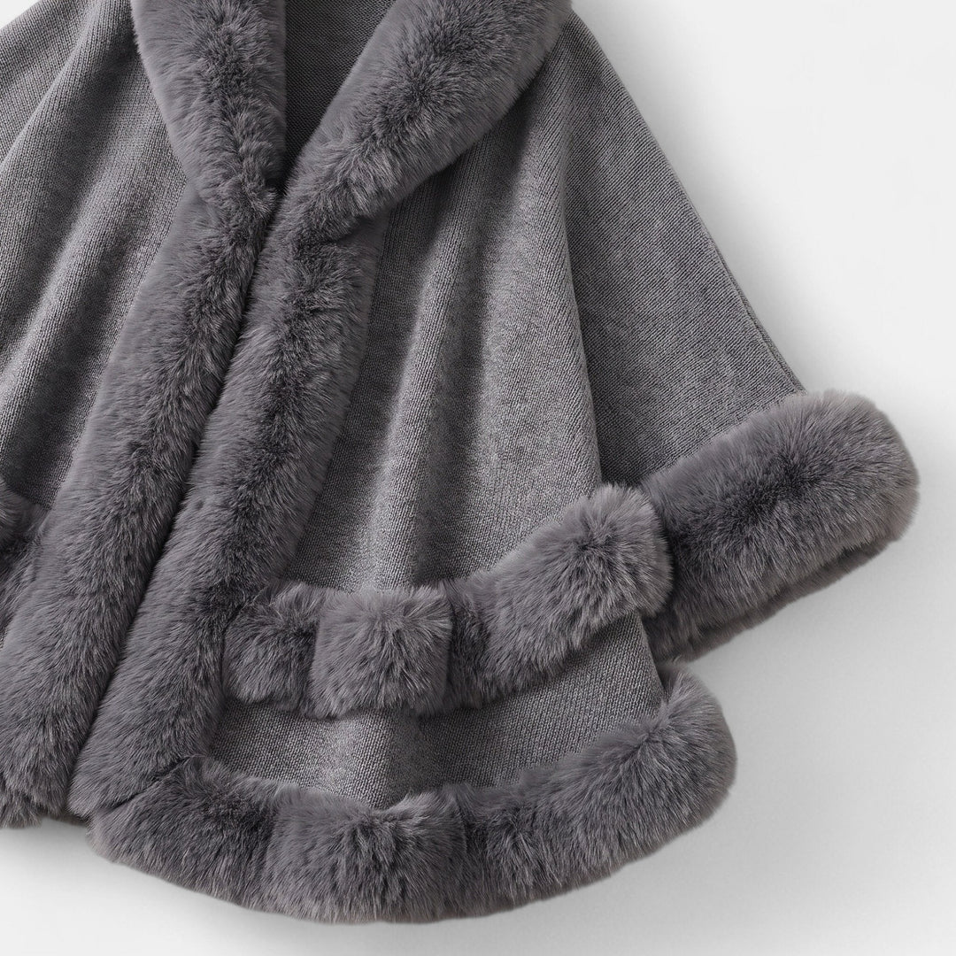 Women's Cape Coat, Oversized Faux Fur Trim Open Front Knit