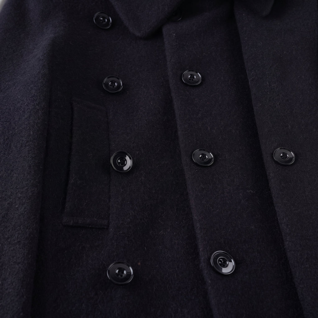 Women's Short Black Peacoat, Oversized Belted Wide Sleeves