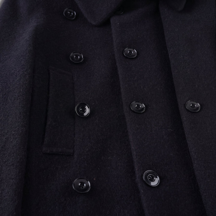 Women's Short Black Peacoat, Oversized Belted Wide Sleeves