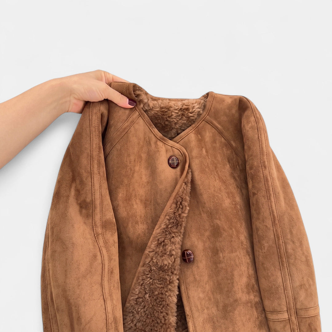Women's Cropped Suede Jacket, Collarless Shearling Long Sleeve
