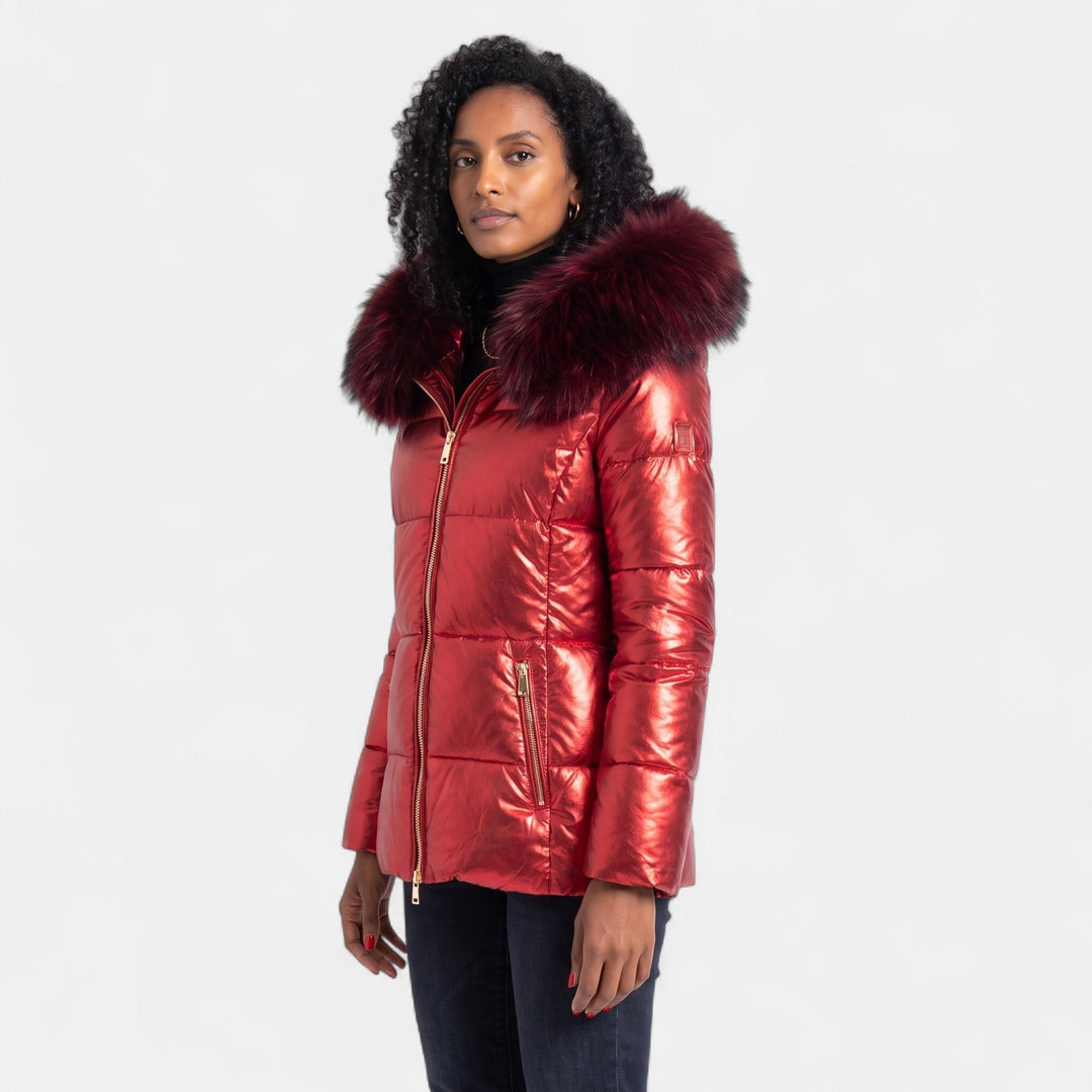 Women's Short Quilted Puffer Jacket, Hooded Metallic Front Zip