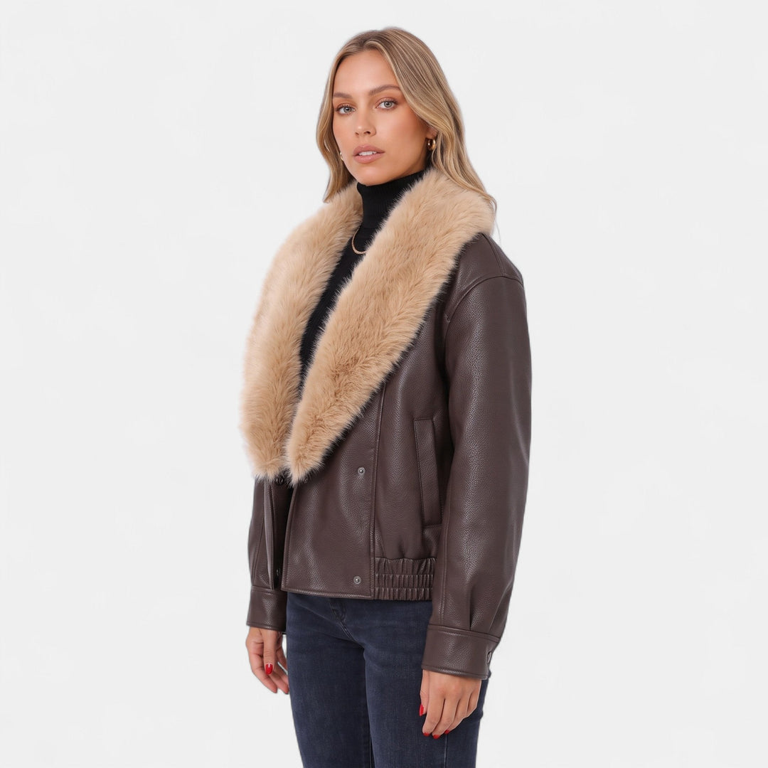 Women's Oversized Faux Leather Bomber Jacket, Faux Fur Shawl Collar