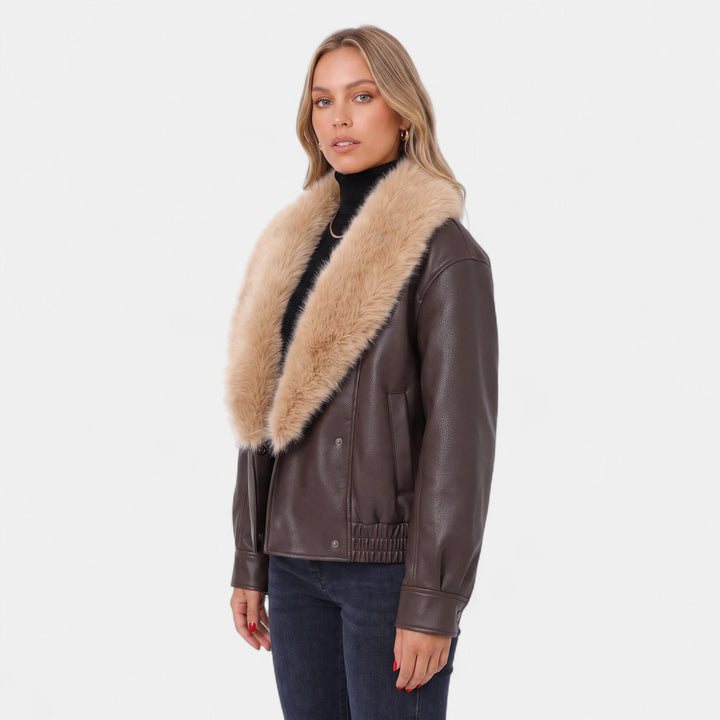 Women's Oversized Faux Leather Bomber Jacket, Faux Fur Shawl Collar