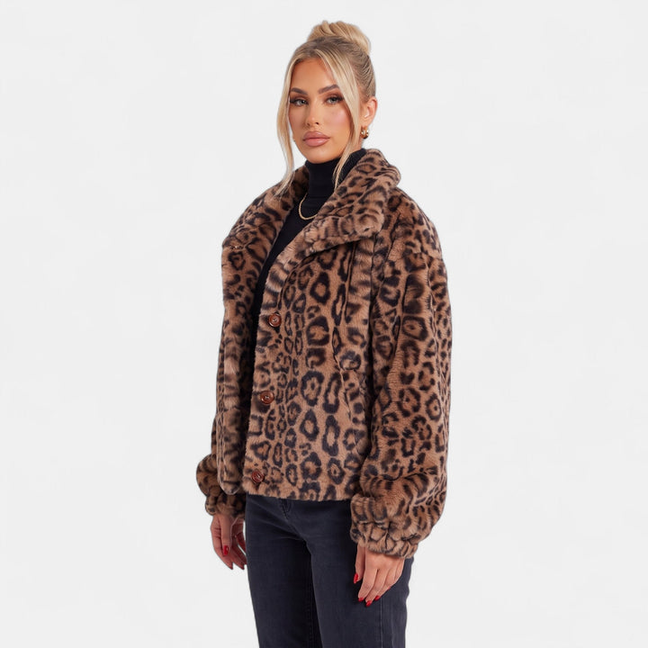 Women's Leopard Print Faux Fur Coat, Short Oversized Button Front