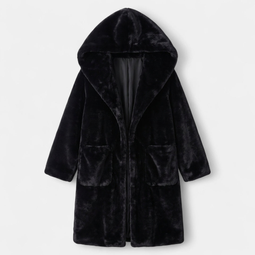 Women's Oversized Long Faux Fur Coat, Hooded Open Front Patch Pockets