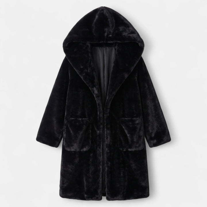 Women's Oversized Long Faux Fur Coat, Hooded Open Front Patch Pockets