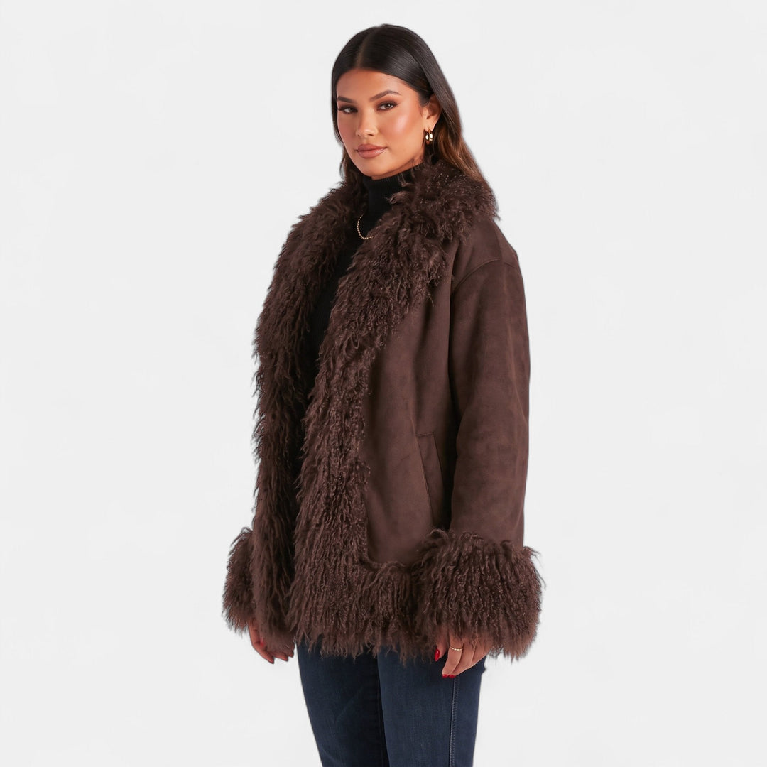 Women's Fuzzy Puffer Jacket Cardigan, Shearling Trim Panels