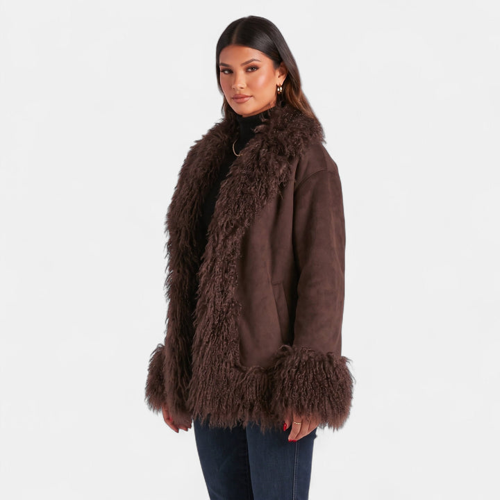 Women's Fuzzy Puffer Jacket Cardigan, Shearling Trim Panels