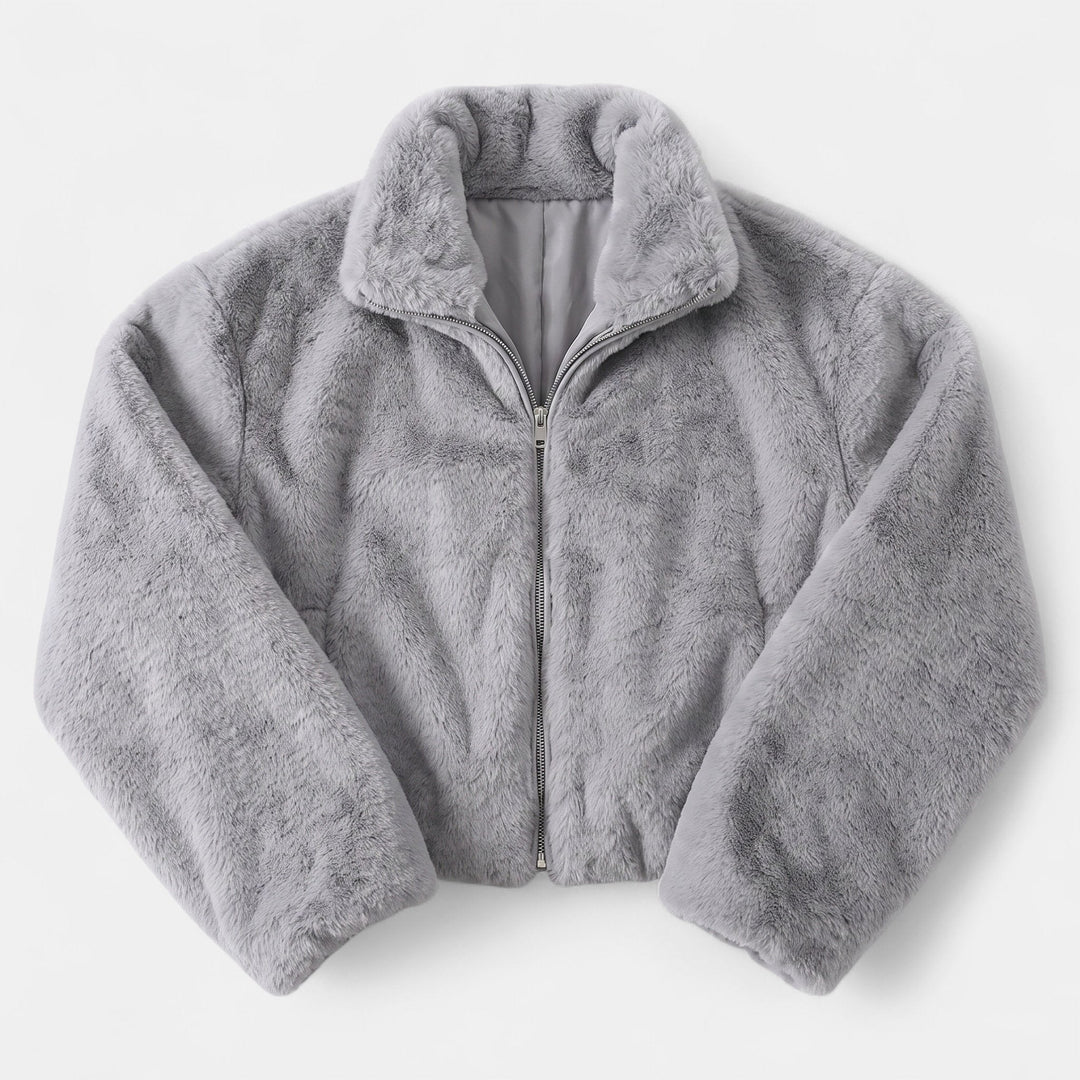 Women's Cropped Oversized Faux Fur Coat, Stand Collar Zip Up Quilted