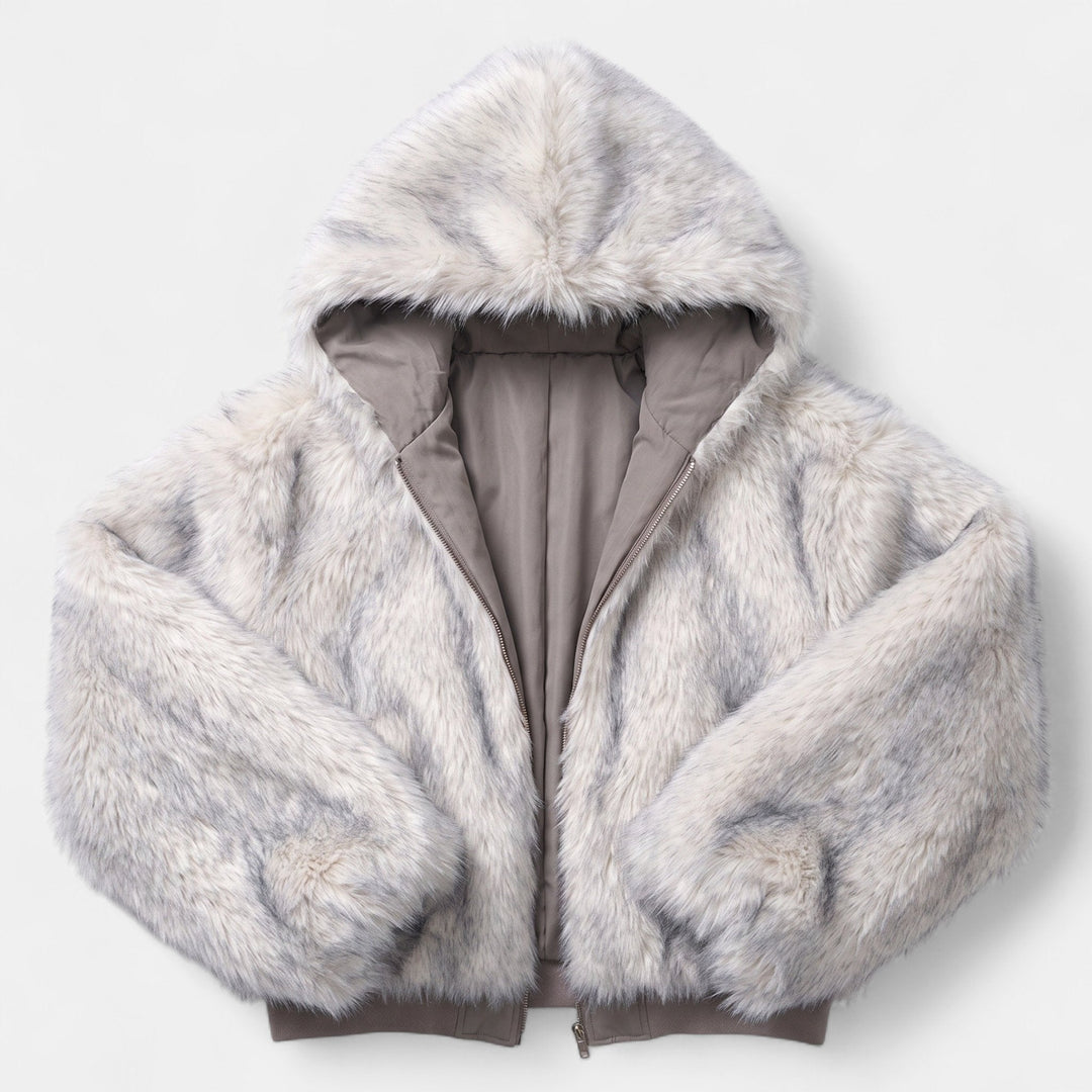 Women's Oversized Faux Fur Coat, Hooded Zip Up Ribbed Hem