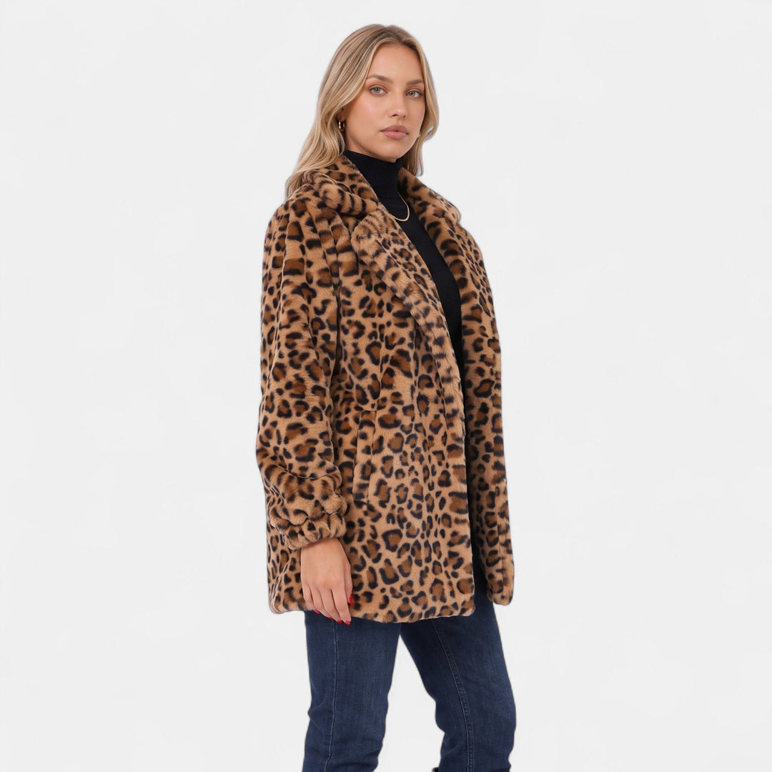 Women's Leopard Print Faux Fur Coat, Mid Thigh Notched Lapel