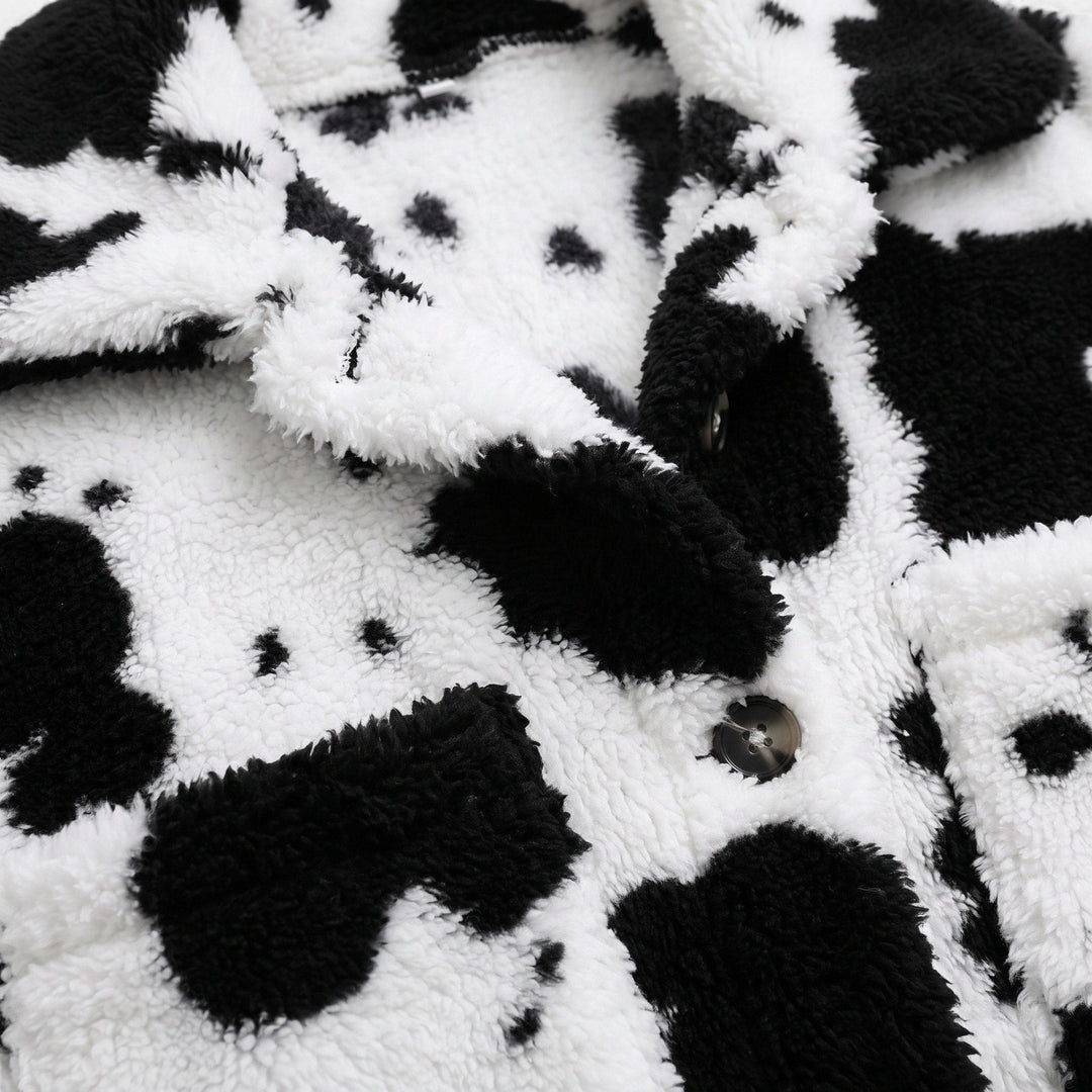 Women's Cow Print Sherpa Jacket, Oversized Button Front Flap Pockets
