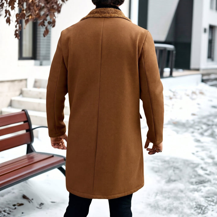 Men's Long Winter Peacoat, Double Breasted Faux Fur Fuzzy Fleece
