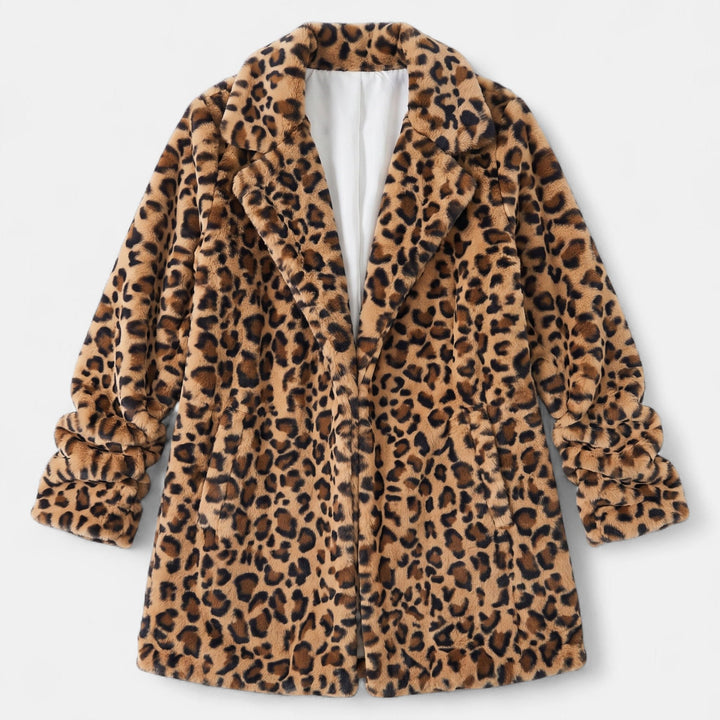 Women's Leopard Print Faux Fur Coat, Mid Thigh Notched Lapel