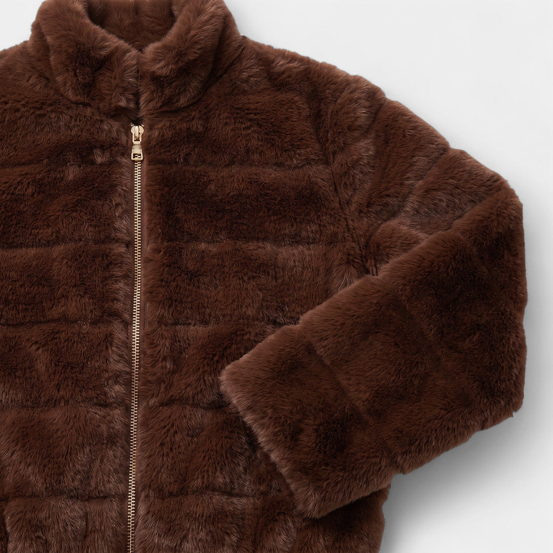 Women's Cropped Faux Fur Coat, Stand Collar Front Zip Quilted