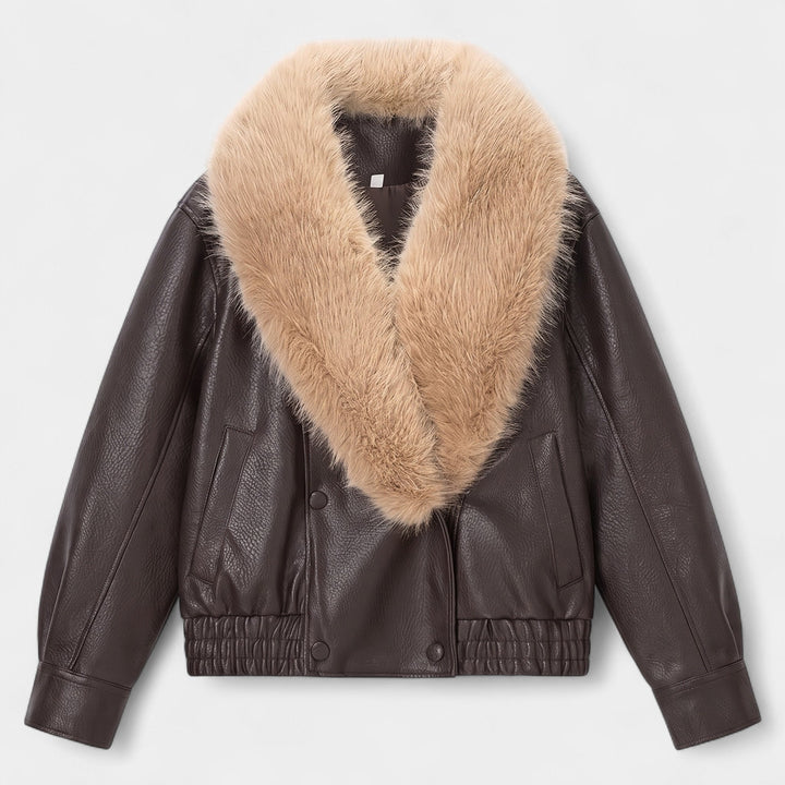 Women's Oversized Faux Leather Bomber Jacket, Faux Fur Shawl Collar