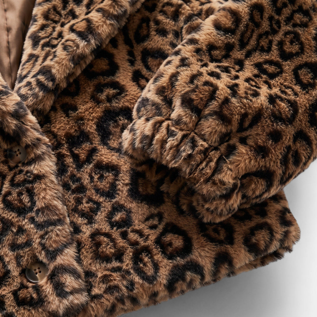 Women's Leopard Print Faux Fur Coat, Short Oversized Button Front