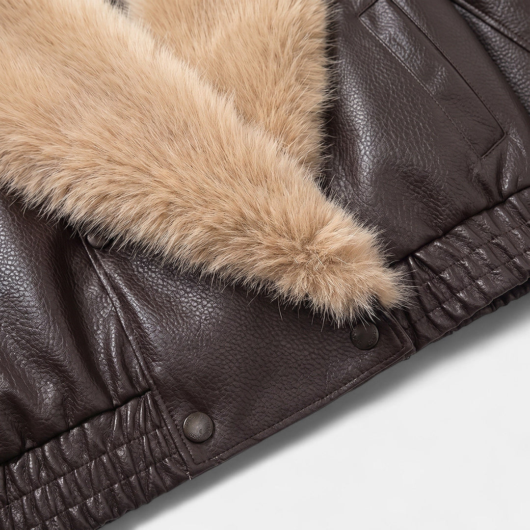 Women's Oversized Faux Leather Bomber Jacket, Faux Fur Shawl Collar