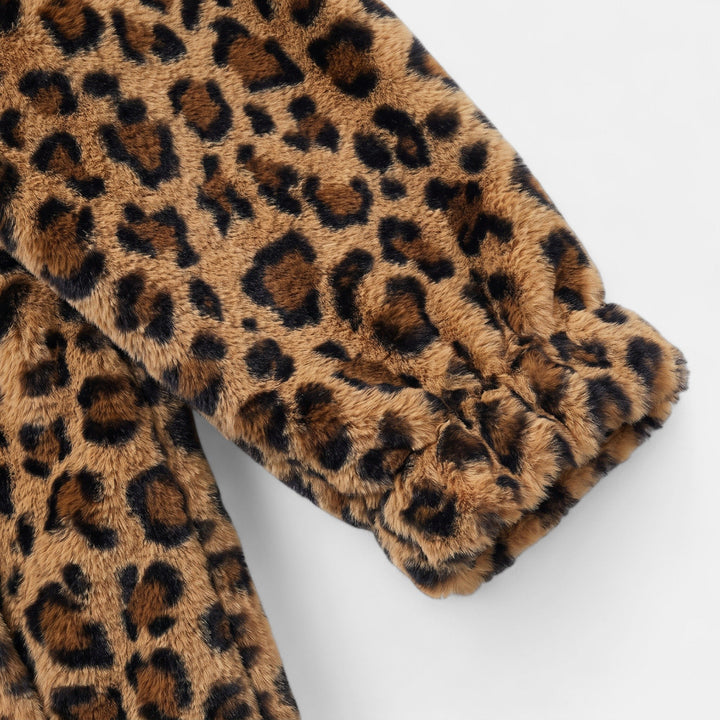 Women's Leopard Print Faux Fur Coat, Mid Thigh Notched Lapel