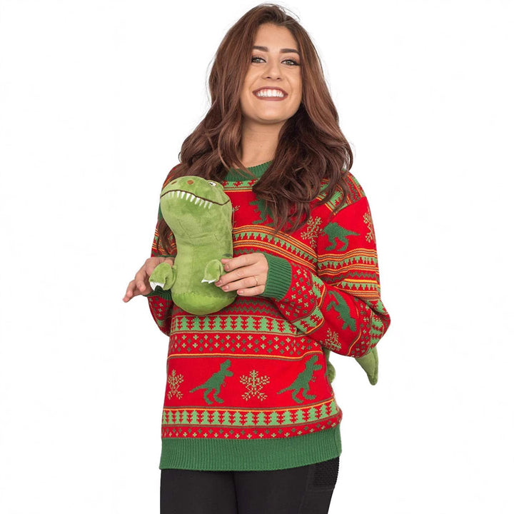 Women's Ugly Christmas Sweater in red t-rex