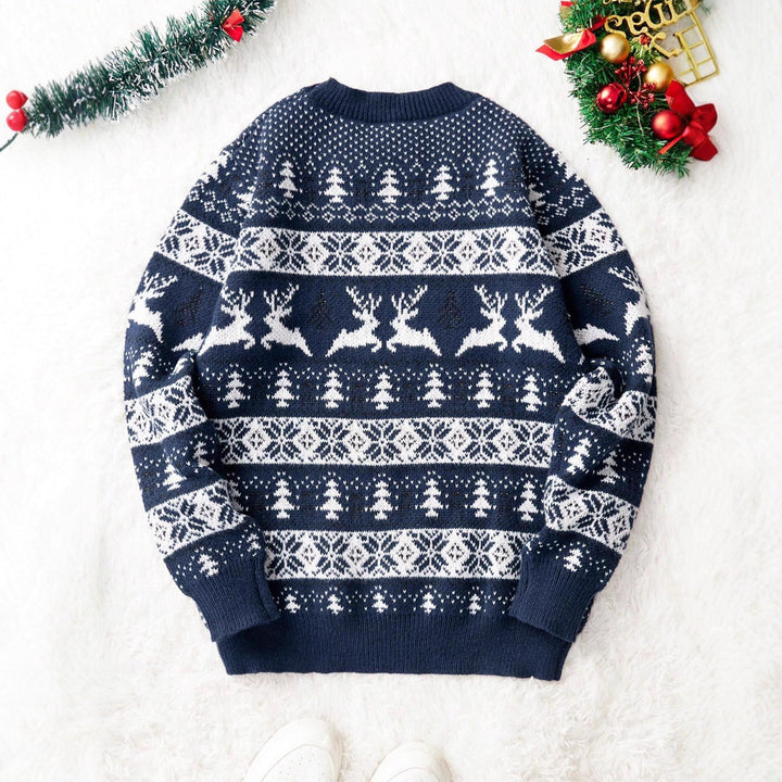 Women's Reindeer Ugly Christmas Sweater in navy, back view