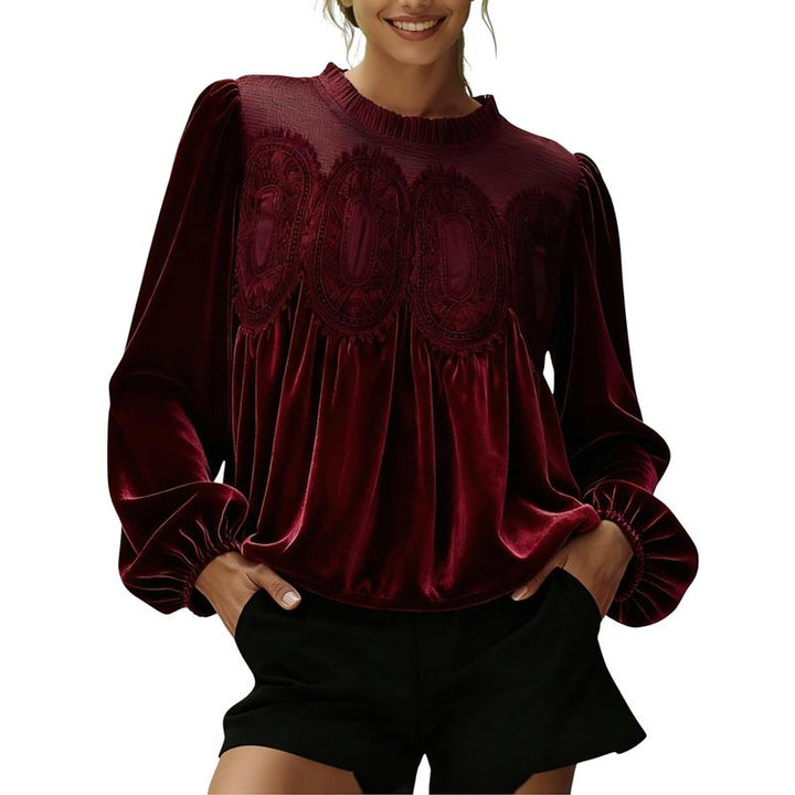 ISABELLA™ - Women Velvet Trim Lace Flared Blouse Top