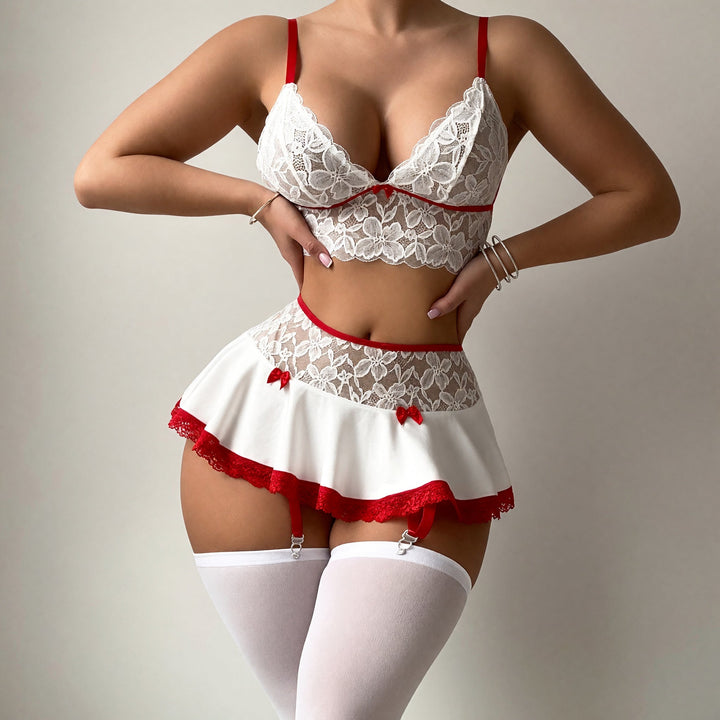 Women's Sexiest See Through Lingerie Set, Lace Garter Belt Bow