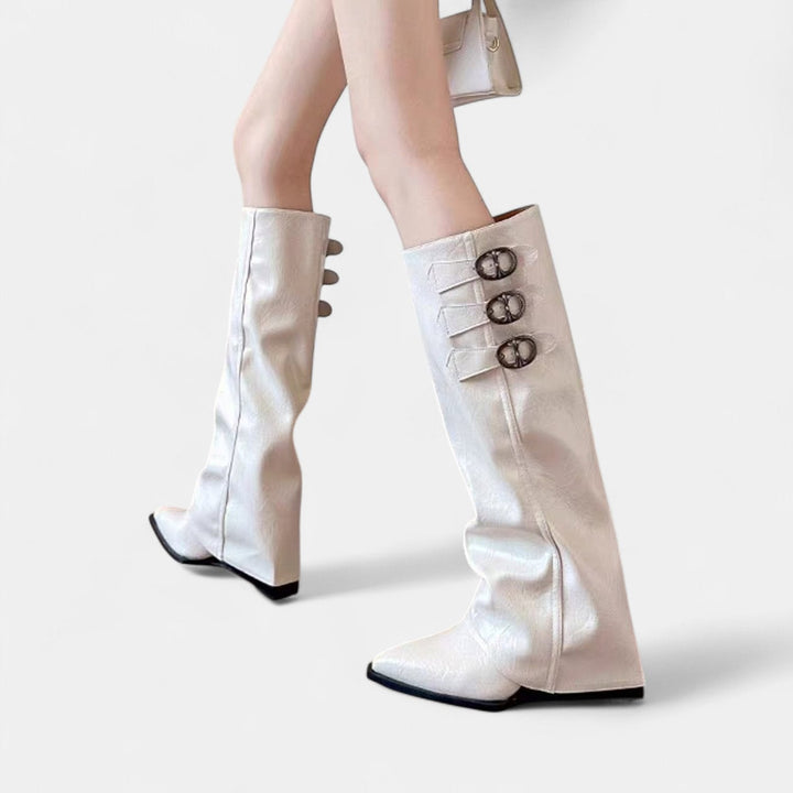 Women's Knee High Slouch Boots, Buckle Strap Fold Over