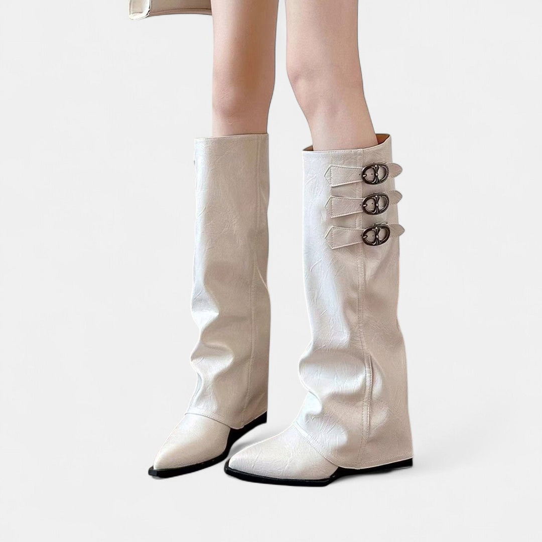 Women's Knee High Slouch Boots, Buckle Strap Fold Over