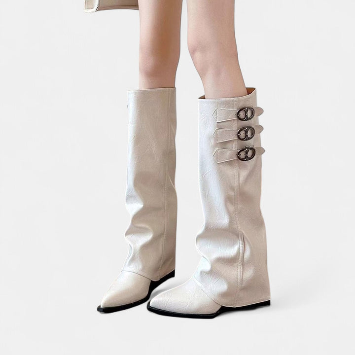 Women's Knee High Slouch Boots, Buckle Strap Fold Over