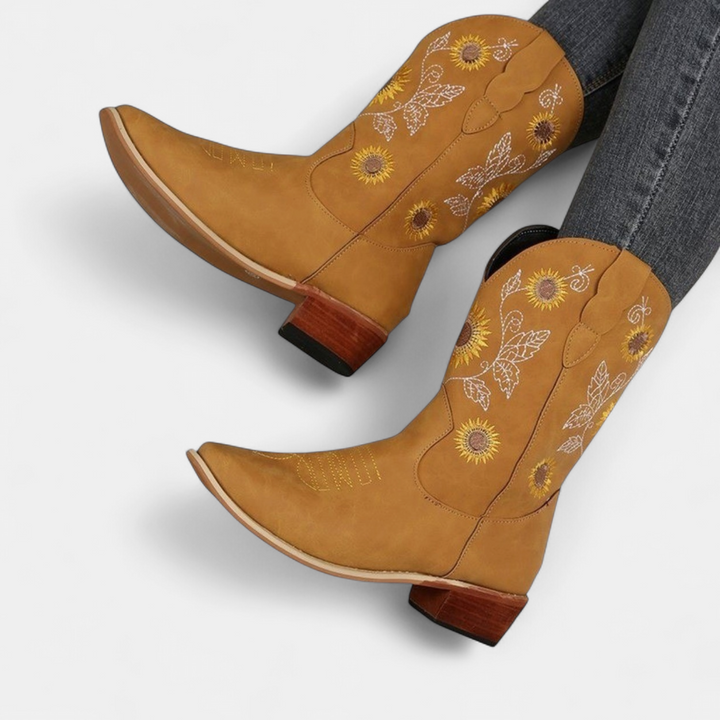 Women's Cowboy Boots, Square Toe Sunflower Embroidered
